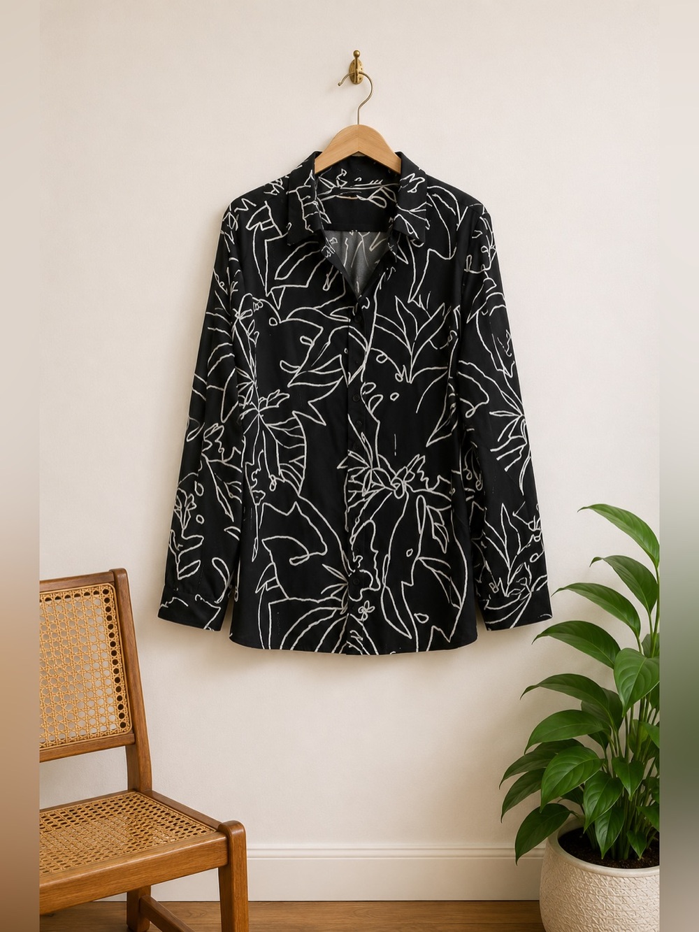 Karl Lagerfeld Black Floral Button Down Shirt XXL Signature Logo Bold Statement